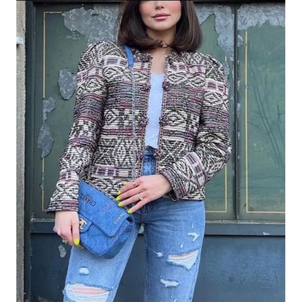 NWT Zara Jacquard Jacket Cardigan Wool / Cotton Blend in Multicolor XS Boho - Picture 1 of 9
